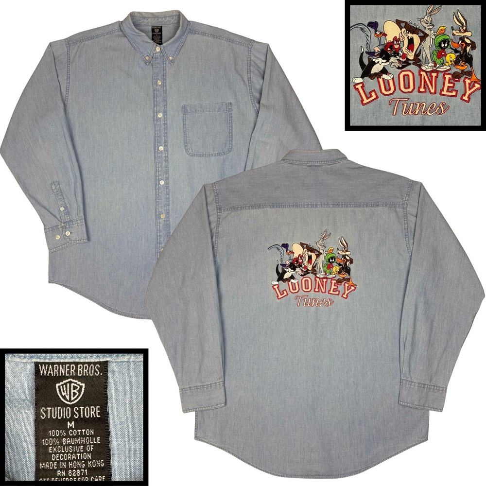 Vintage Warner Bros Looney Tunes Button Down Shirt Mens M Blue 90s Embroidered